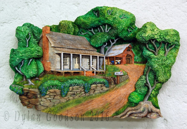 pictorial relief carving of the classic american farmhouse with a barn in the background painted with vibrant colors that suggest it's springtime