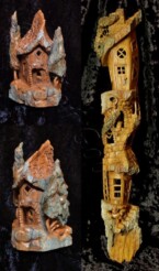 collage of Cottonwood Bark Houses carved by Dylan Goodson