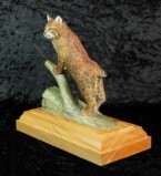 Bobcat standing with it's front paws on a dead log's branch