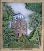 pictorial relief scene of the Flagg mountain fire lookout tower in coosa county alabama carved from basswood, painted