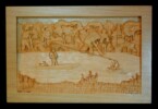 pictorial relief scene of a pond with a man in a boat catching a fish